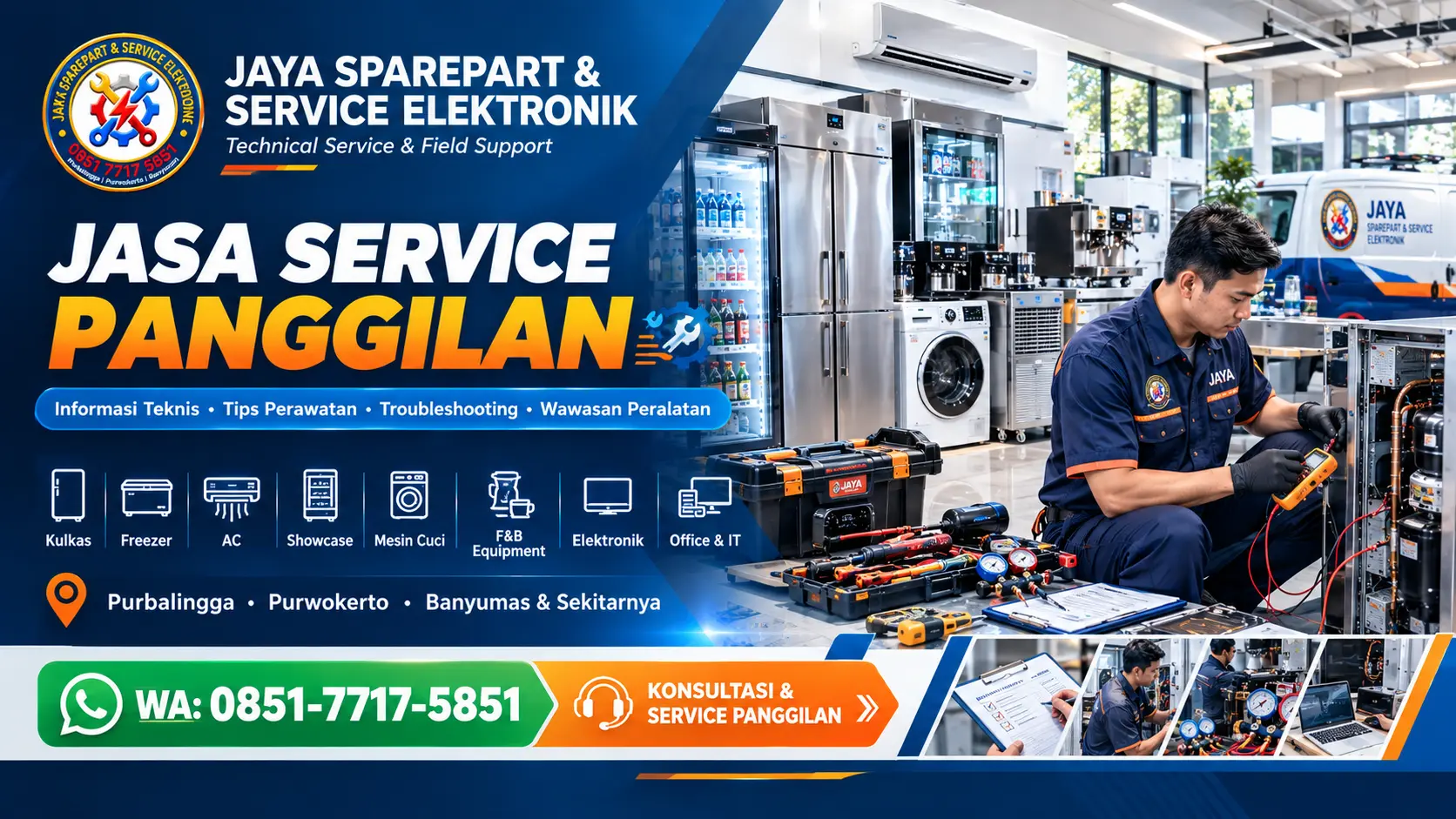 Technical service panggilan Purwokerto — teknisi JAYA SERVICE menangani peralatan elektronik untuk bisnis dan rumah tangga