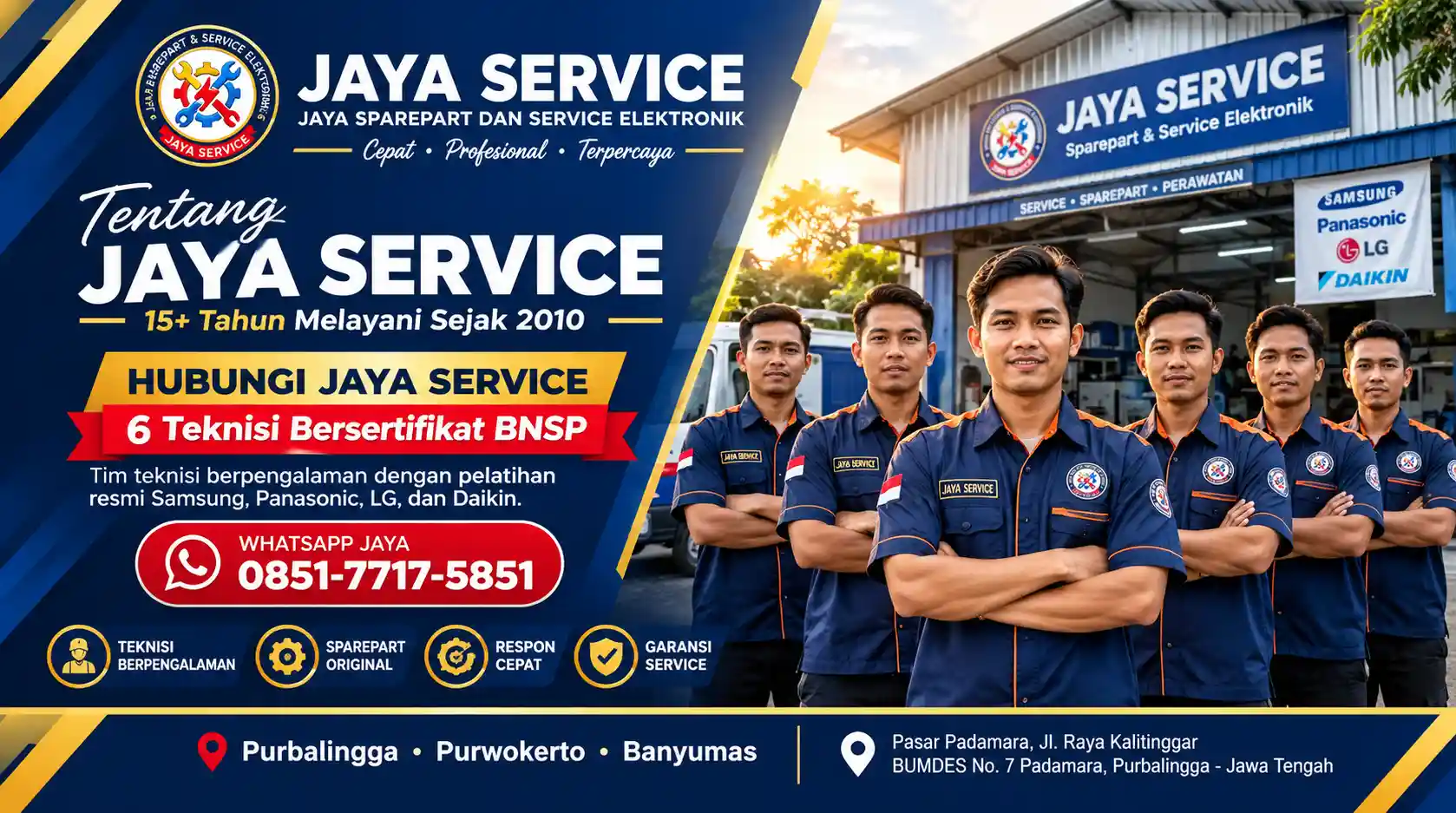 Tim 6 teknisi JAYA Service Purwokerto berfoto bersama di depan workshop Purbalingga — technical service panggilan Purwokerto untuk bisnis dan rumah tangga