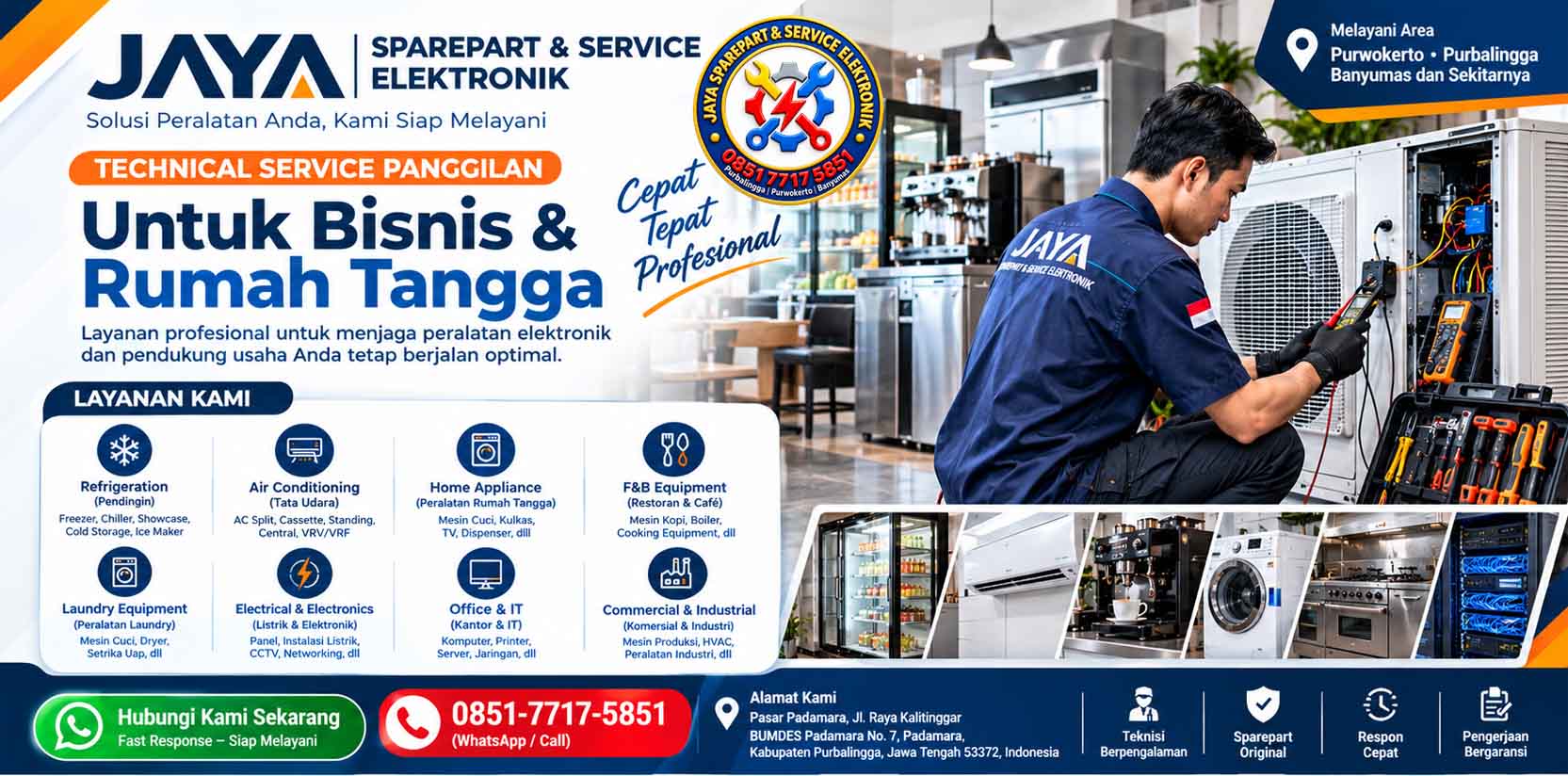 Peralatan service panggilan Purwokerto — teknisi JAYA SERVICE menangani commercial refrigerator